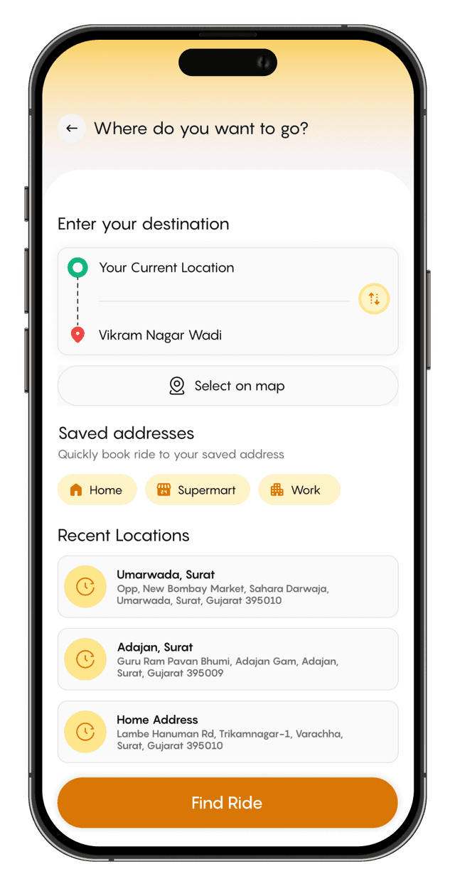 Bicab app showing destination selection